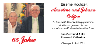Hochzeitsanzeige von Johann Oeltjen von NWZ