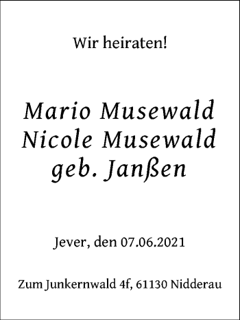 Hochzeitsanzeige von Mario Musewald von NWZ