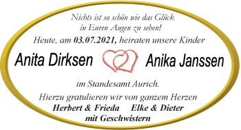 Hochzeitsanzeige von Anita Dirksen von NWZ