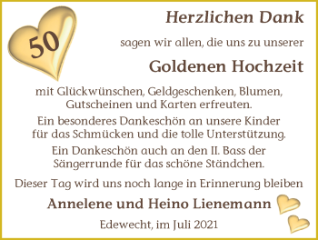 Hochzeitsanzeige von Annelene Lienemann von NWZ