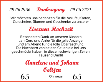 Hochzeitsanzeige von Annelene Oeltjen von NWZ