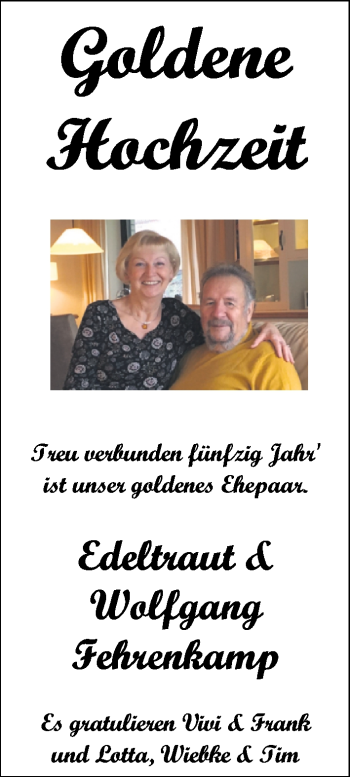 Hochzeitsanzeige von Edeltraut Fehrenkamp von NWZ