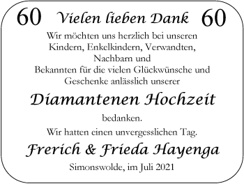 Hochzeitsanzeige von Frerich Hayenga von EZ