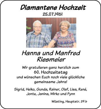 Hochzeitsanzeige von Hanna Riesmeier von NWZ