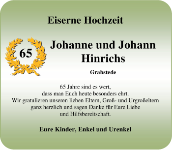 Hochzeitsanzeige von Johann Hinrichs von NWZ
