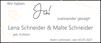 Hochzeitsanzeige von Lena Schneider von NWZ