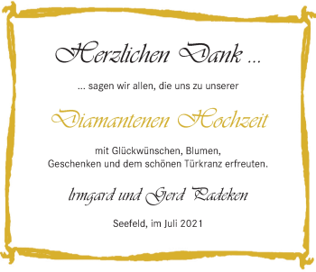 Hochzeitsanzeige von lrmgard Padeken von NWZ