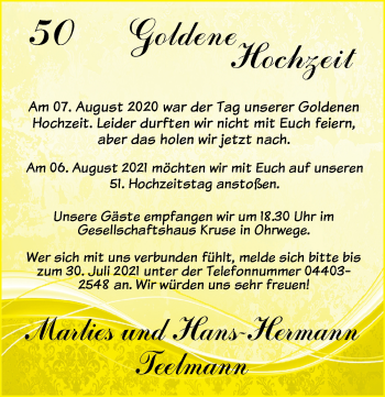 Hochzeitsanzeige von Marlies Teelmann von NWZ