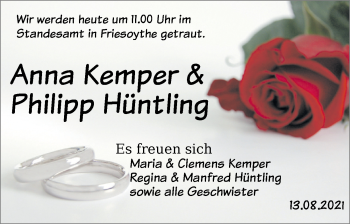 Hochzeitsanzeige von Anna Kemper von NWZ