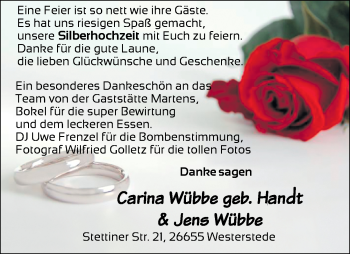 Hochzeitsanzeige von Carina Wübbe von NWZ