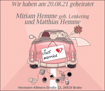 Hochzeitsanzeige von Miriam Hemme von NWZ