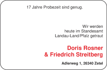 Hochzeitsanzeige von Doris Rosner von NWZ