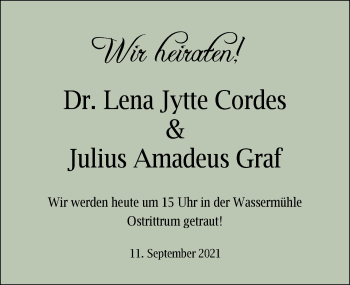 Hochzeitsanzeige von Dr. Lena Jytte Cordes von NWZ