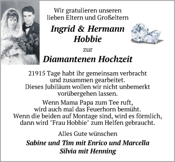 Hochzeitsanzeige von Ingrid Hobbie von NWZ