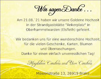Hochzeitsanzeige von Magdalene Carstens von NWZ