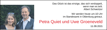 Hochzeitsanzeige von Petra Quiet von NWZ