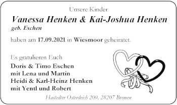 Hochzeitsanzeige von Vanessa Henken von EZ