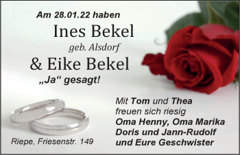 Hochzeitsanzeige von Ines Bekel von EZ