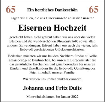 Hochzeitsanzeige von Johanna Duits von NWZ