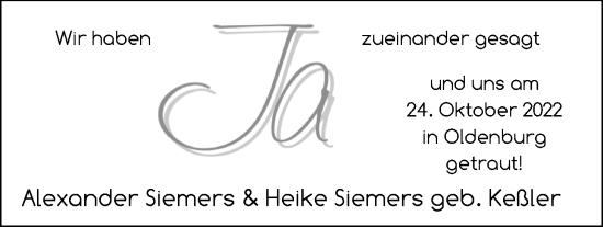 Hochzeitsanzeige von Alexander Siemers von NWZ