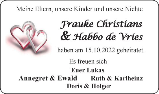 Hochzeitsanzeige von Frauke Christians von EZ