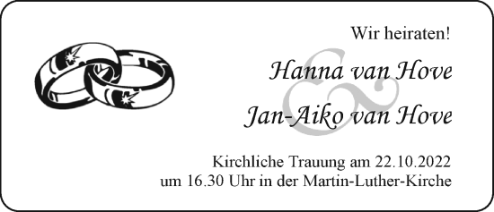 Hochzeitsanzeige von Hanna van Hove von EZ