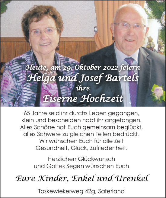 Hochzeitsanzeige von Helga Bartels von NWZ