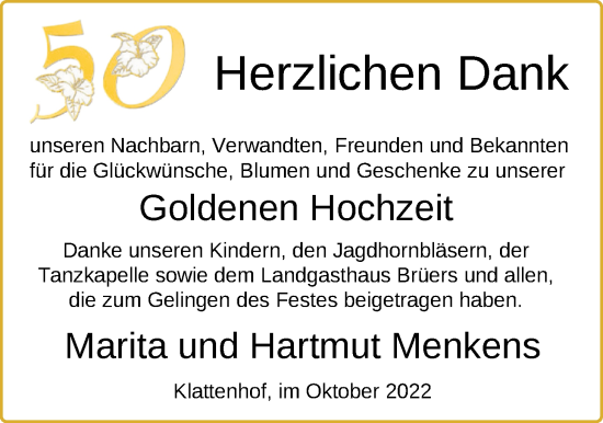 Hochzeitsanzeige von Marita Menkens von NWZ