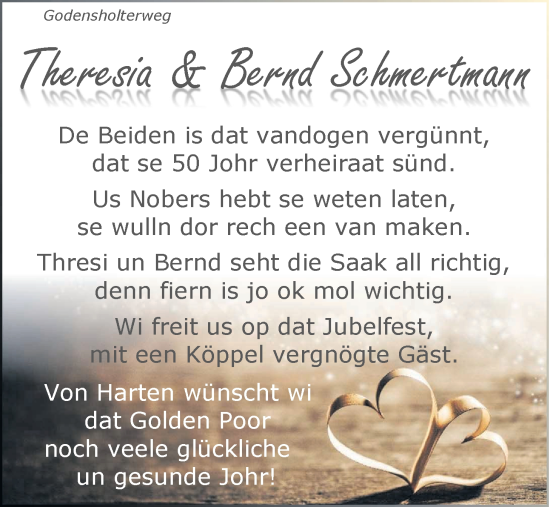 Hochzeitsanzeige von Theresia Schmertmann von NWZ