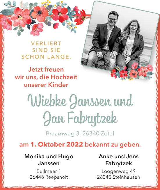 Hochzeitsanzeige von Wiebke Janssen von NWZ