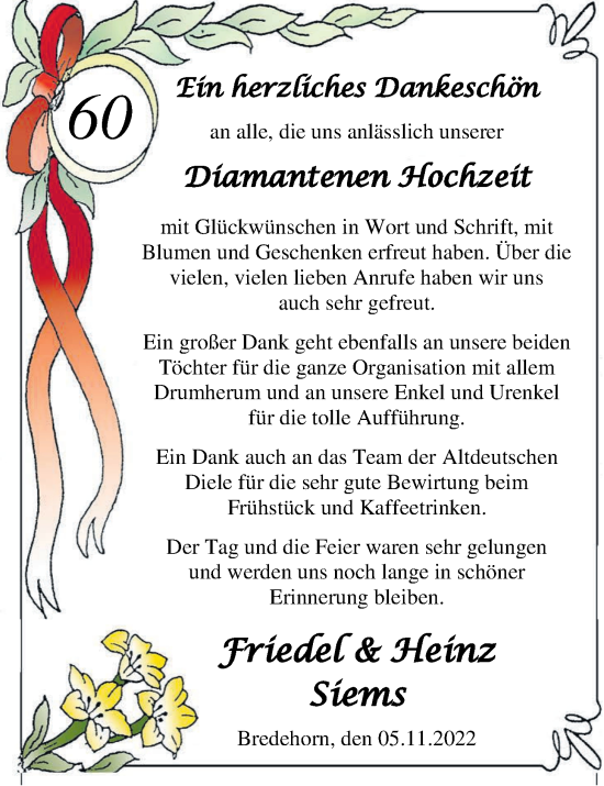 Hochzeitsanzeige von Friedel Siems von NWZ