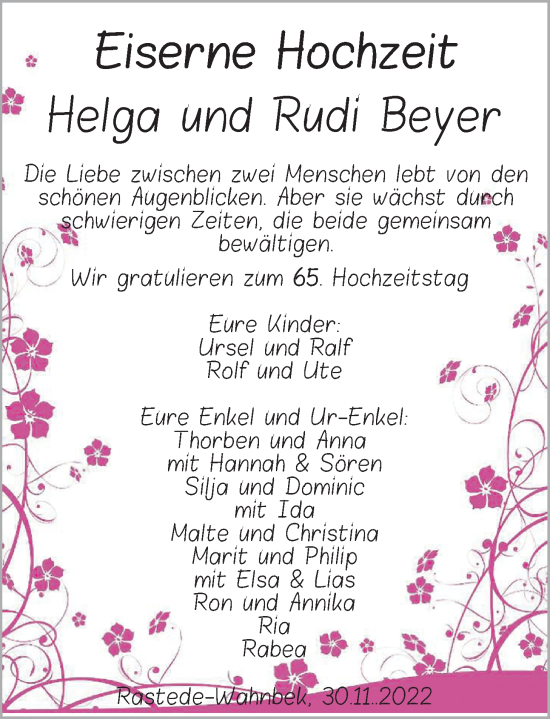 Hochzeitsanzeige von Helga Beyer von NWZ