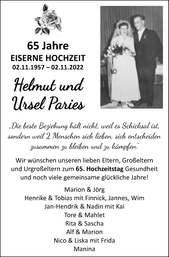 Hochzeitsanzeige von Helmut Paries von NWZ