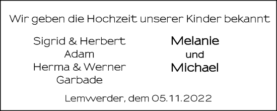 Hochzeitsanzeige von Melanie Adam von NWZ