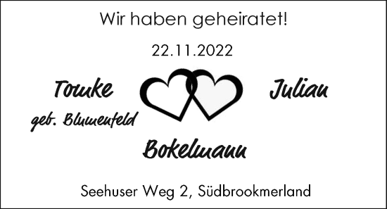 Hochzeitsanzeige von Tomke Bokelmann von EZ