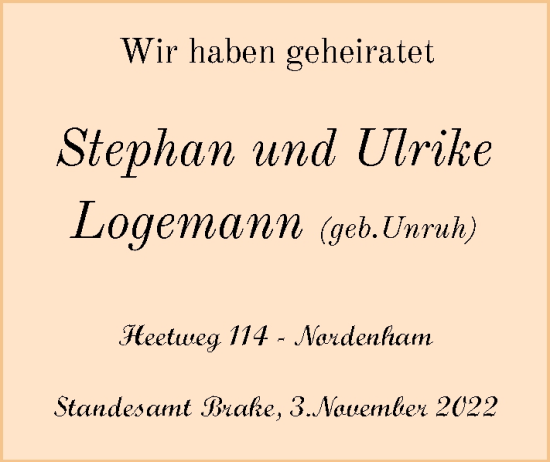 Hochzeitsanzeige von Ulrike Logemann von NWZ