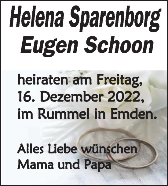 Hochzeitsanzeige von Helena Sparenborg von EZ