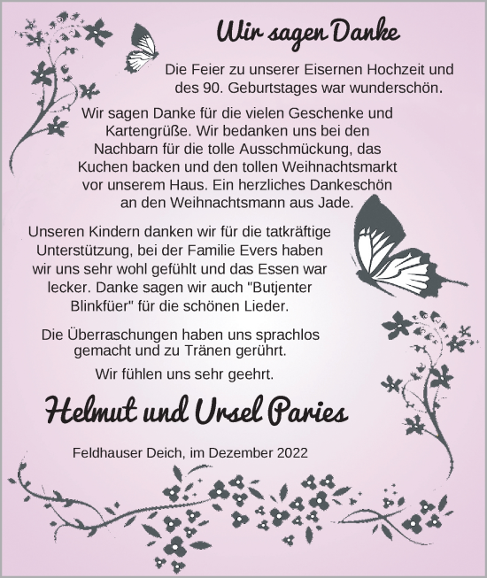Hochzeitsanzeige von Helmut Paries von NWZ