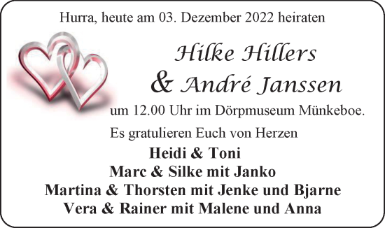 Hochzeitsanzeige von Hilke Hillers von EZ