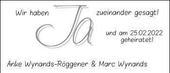 Hochzeitsanzeige von Anke Wynands-Röggener von NWZ