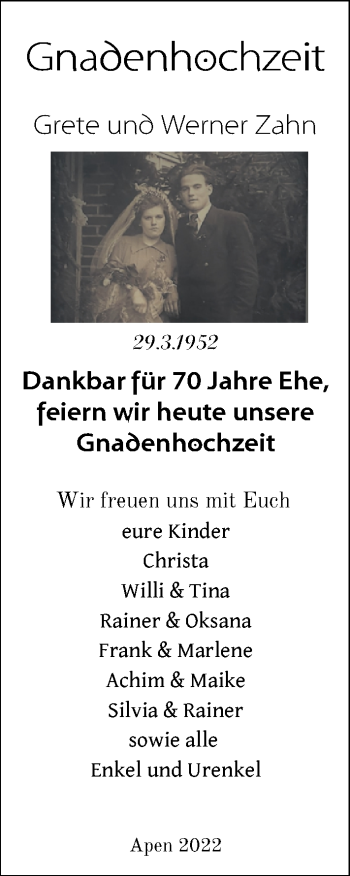 Hochzeitsanzeige von Grete Zahn von NWZ