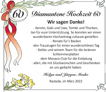 Hochzeitsanzeige von Helga Menke von NWZ