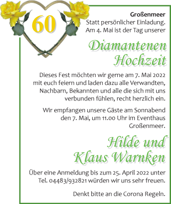 Hochzeitsanzeige von HildeHilde Warnken von NWZ