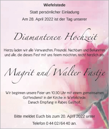 Hochzeitsanzeige von Magrit Fastje von NWZ
