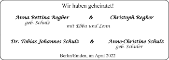 Hochzeitsanzeige von Anna Bettina und Anne-Christine Regber und Schulz von EZ