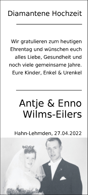 Hochzeitsanzeige von Antje Wilms-Eilers von NWZ