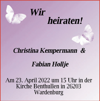 Hochzeitsanzeige von Christina Kempermann von NWZ