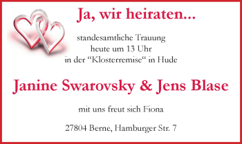 Hochzeitsanzeige von Janine Swarovsky von NWZ
