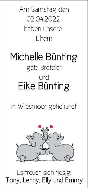 Hochzeitsanzeige von Michelle Bünting von EZ