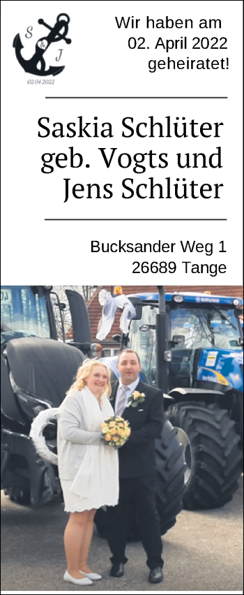 Hochzeitsanzeige von Saskia Schlüter von NWZ